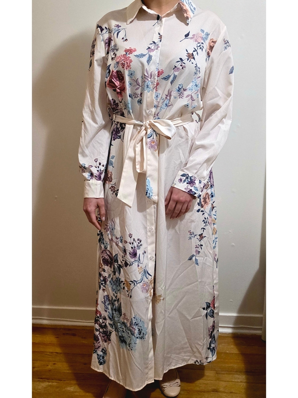 Retro Stage Floral Satin Belted Maxi Dress - Cream